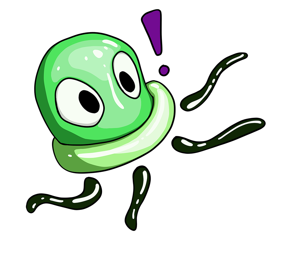 Eine grüne Qualle, die vor dem Text erschrickt.